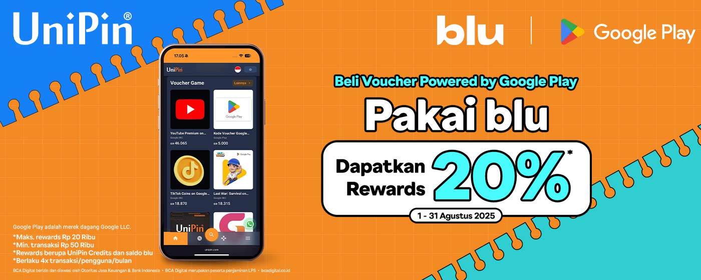 Beli Voucher Powered by Google Play di UniPin Pakai blu dan Dapatkan Rewards 20%